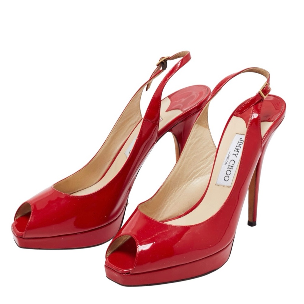 Jimmy Choo nova red patent leather Clue peep toe slingback platform shoes 40
